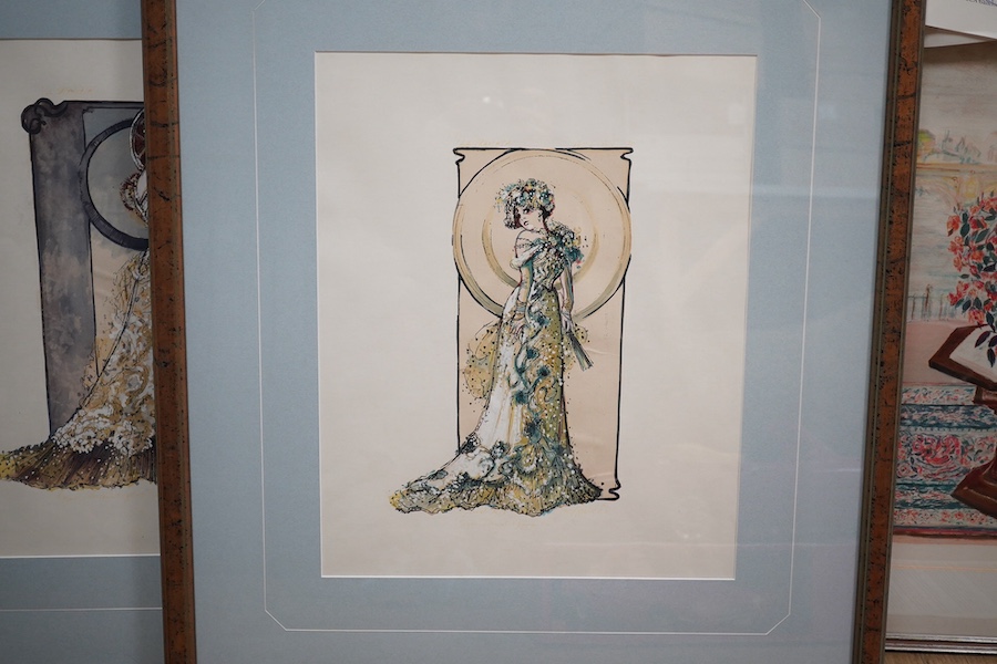 Style of Tim Goodchild, set of four colour lithographs, Full length studies of Edwardian ladies, each with gallery receipts, 45 x 37cm. Condition - good